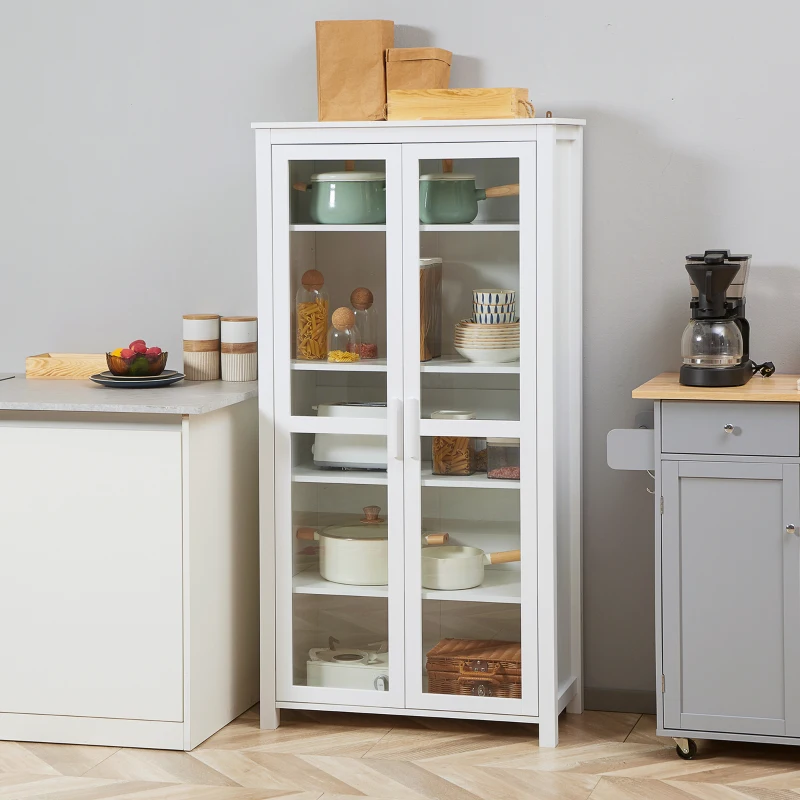 HOMCOM 63" Kitchen Pantry Cabinet, Freestanding Storage Cabinet, Display Cabinet with 2 Glass Door and 2 Adjustable Shelves for Dining Room, White