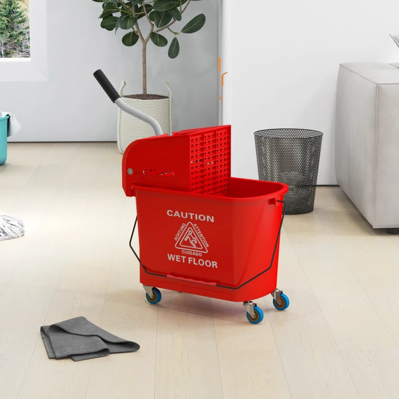 HOMCOM Compact Mop Bucket with Wringer, Mop Bucket on Wheels for Floor Cleaning, 5 Gallon, Separate Dirty and Clean Water, Red