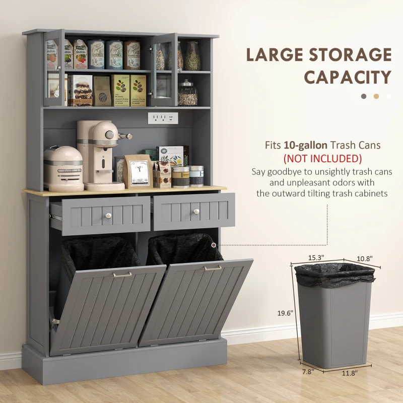 HOMCOM Kitchen Cabinet with Charging Station, 2 Tilt Out Cabinets, Microwave Stand, Freestanding Kitchen Pantry Cabinet, Grey