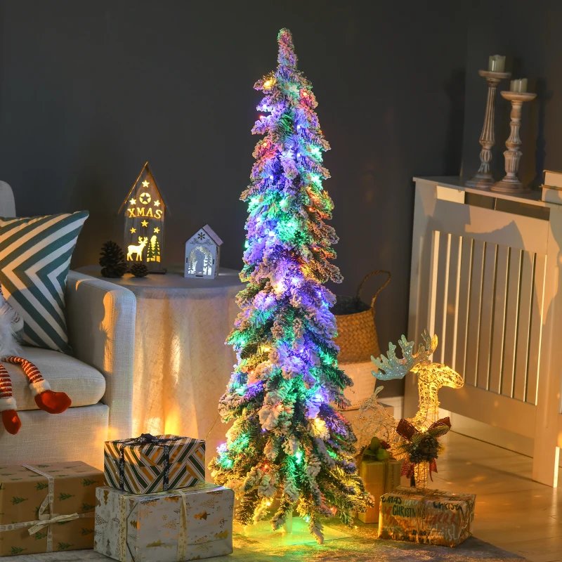 HOMCOM 4' Artificial Slim Christmas Trees, with Snow Frosted Branches, Warm White or Colorful LED Lights, Downswept Shape