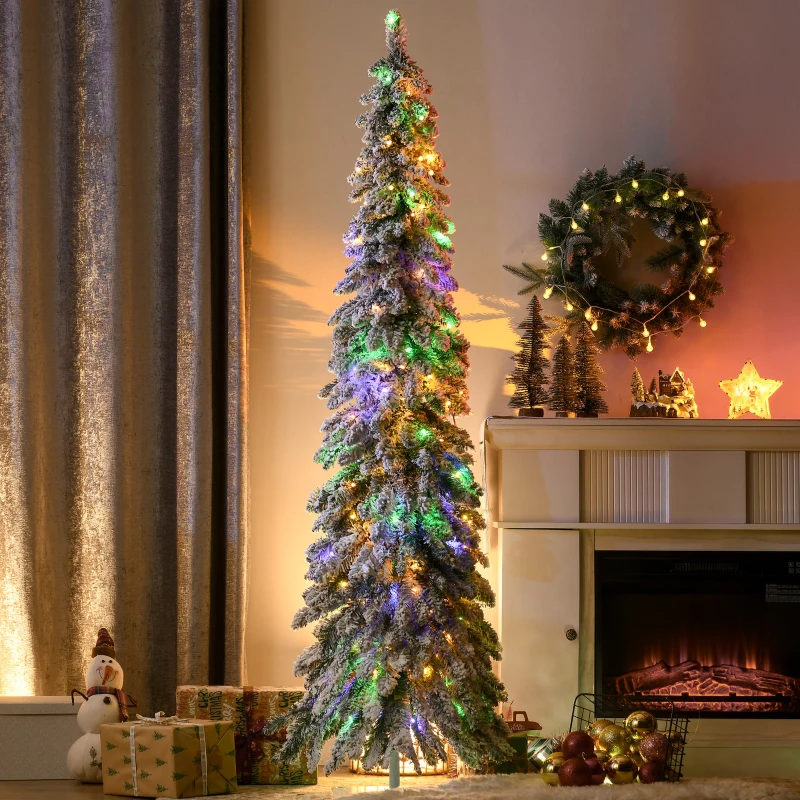 HOMCOM 6' Artificial Slim Christmas Trees, with Snow Frosted Branches, Warm White or Colorful LED Lights, Downswept Shape