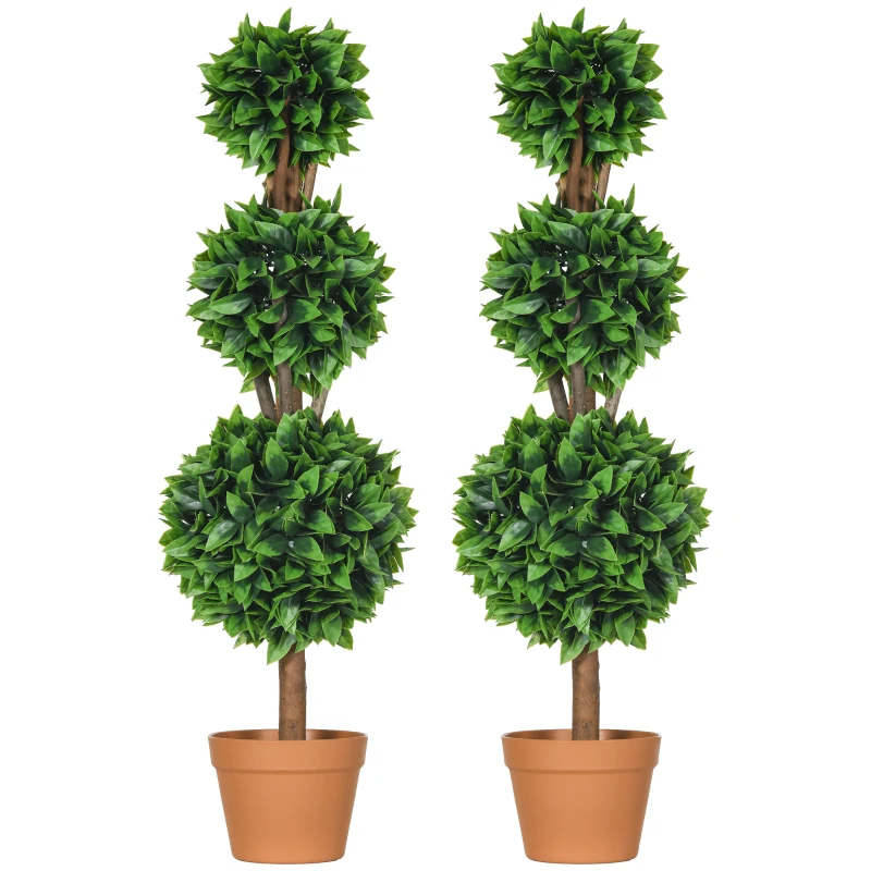 HOMCOM 2 Pack 35.5" Artificial Trees, Boxwood Topiary Ball Trees with Pot for Indoor, Outdoor, Home Office, Living Room, Green