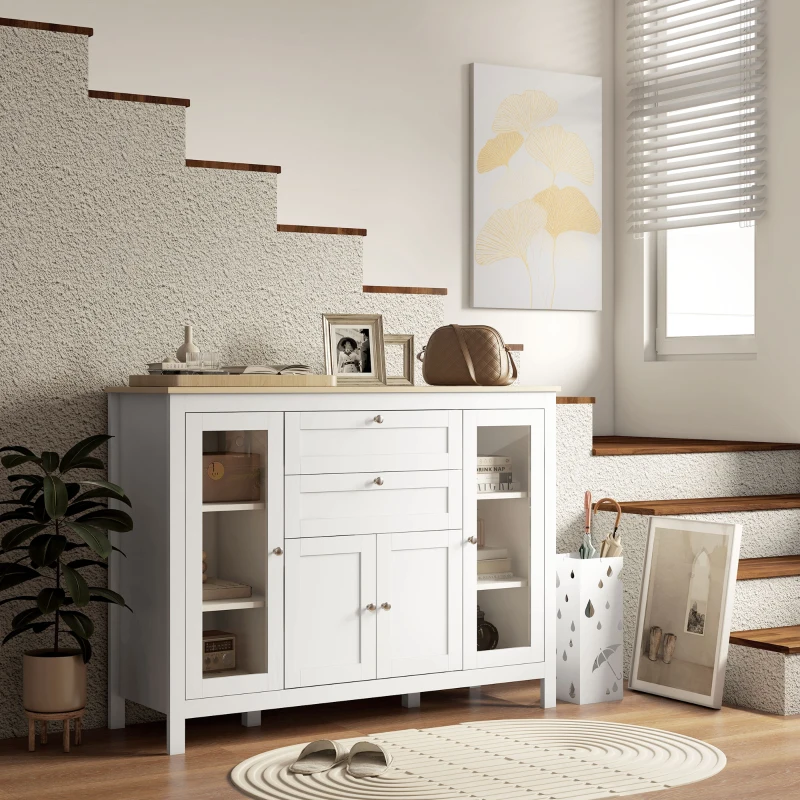 HOMCOM 47" Sideboard, Buffet Cabinet with Rubber Wood Top, Glass Door, Kitchen Coffee Bar Cabinet with Drawers, Adjustable Shelving for Living Room, White