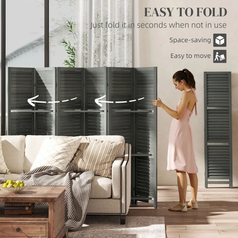 HOMCOM 6 Panel 67" Tall Wood Privacy Screen Room Divider with 3 Shelves and Folding Storage for Bedroom, Gray