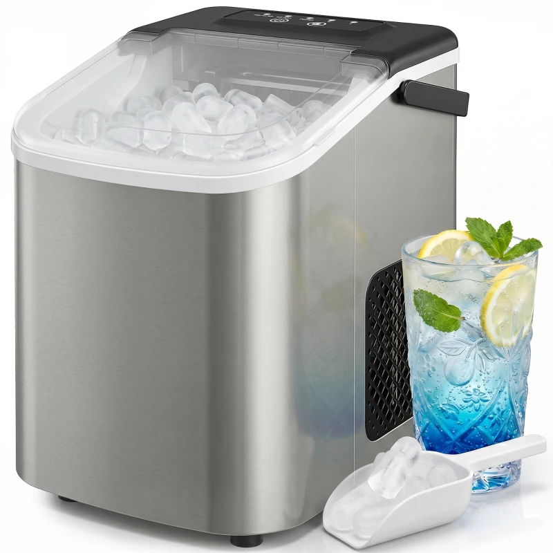 HOMCOM Portable Ice Maker Countertop, Self-Cleaning Ice Machine with 2 Bullet Ice Sizes, Ice Scoop, Silver