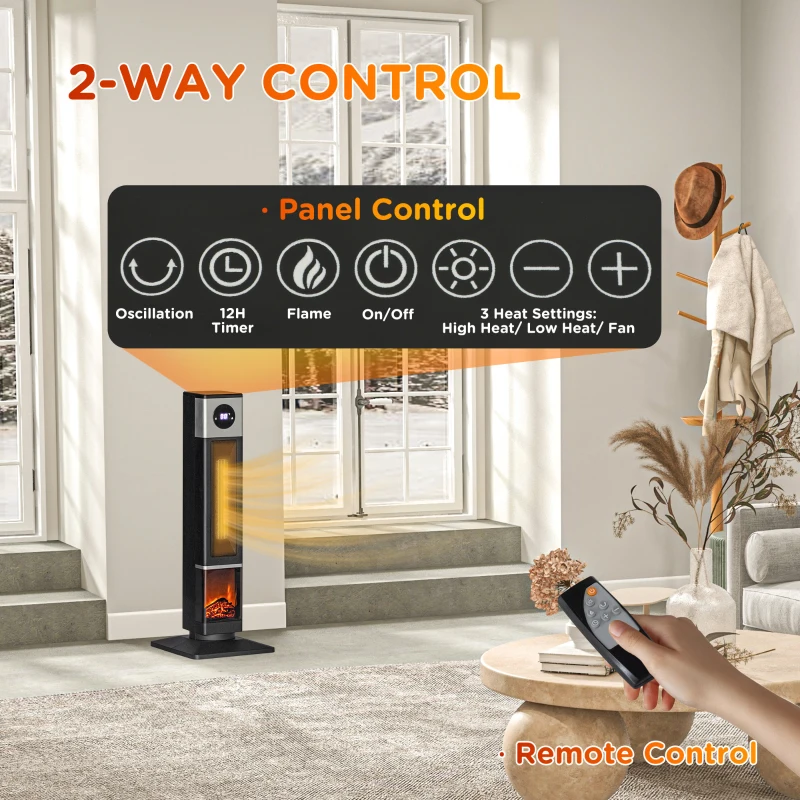 HOMCOM 31" Freestanding Electric Heater with Oscillation, Remote Control & 12H Timer for Indoors, 1400W, Black
