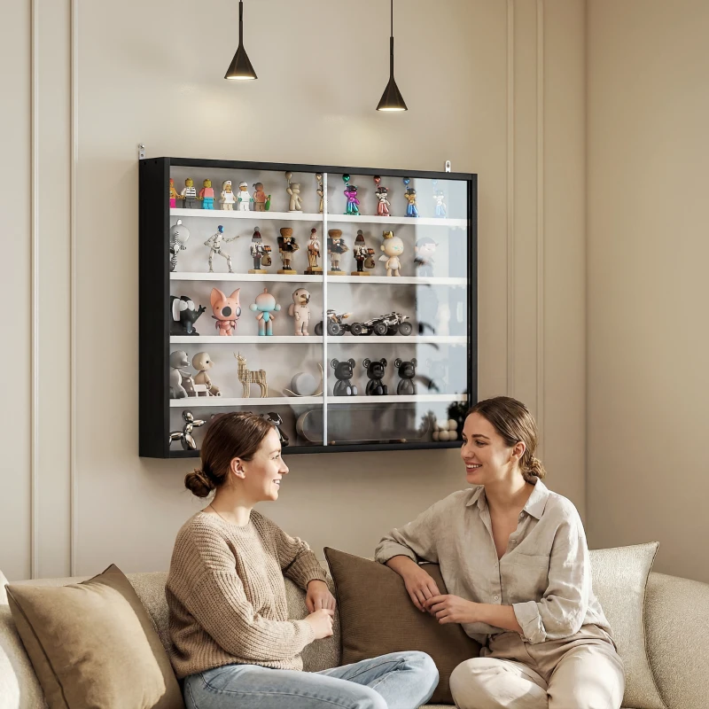 HOMCOM 5-Tier Display Cabinet, Wall-Mounted Display Case with 2 Glass Doors and Adjustable Shelves, Black