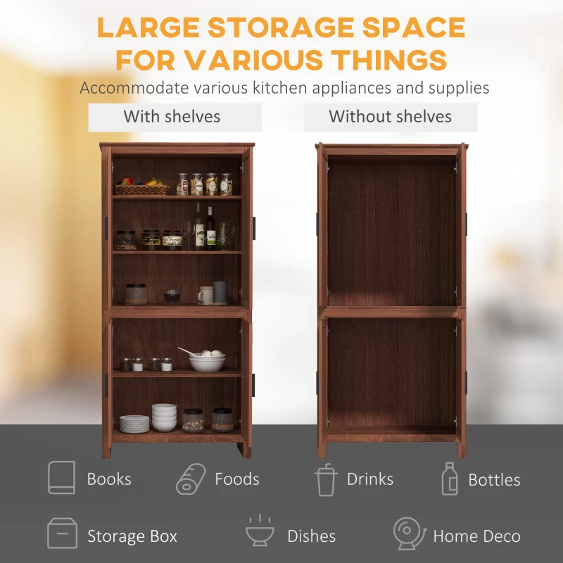 HOMCOM 64" 4-Door Kitchen Pantry, Freestanding Storage Cabinet with 3 Adjustable Shelves for Kitchen, Brown