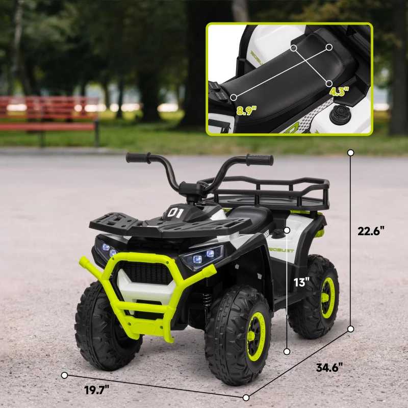 Qaba 12V Kids ATV, 4 Wheeler Quad with 4 Spring Suspension Wheels, LED Lights, Music USB, Green
