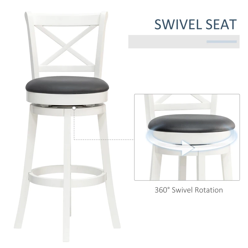 HOMCOM Traditional Bar Height Bar Stool, 31 Inch Seat Height Barstool, Swivel PU Leather Upholstered Chair, with Cross Back and Rubberwood Frame, Set of 2, Cream White