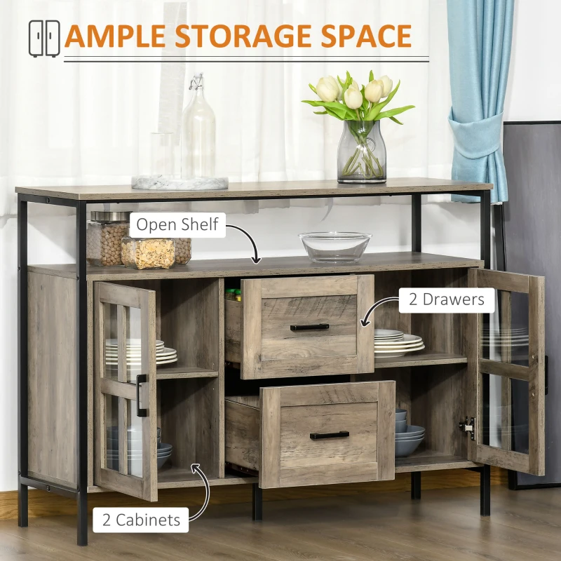 HOMCOM Industrial Sideboard Buffet Cabinet, Coffee Bar Cabinet with Adjustable Shelves, Glass Doors, and 2 Drawers for Kitchen, Living Room, Gray