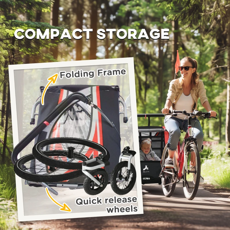 Aosom 3-in-1 Bike Trailer for Kids, Running Stroller with 2 Seats, Jogging Cart with 5-Point Harness, Storage Units, Red