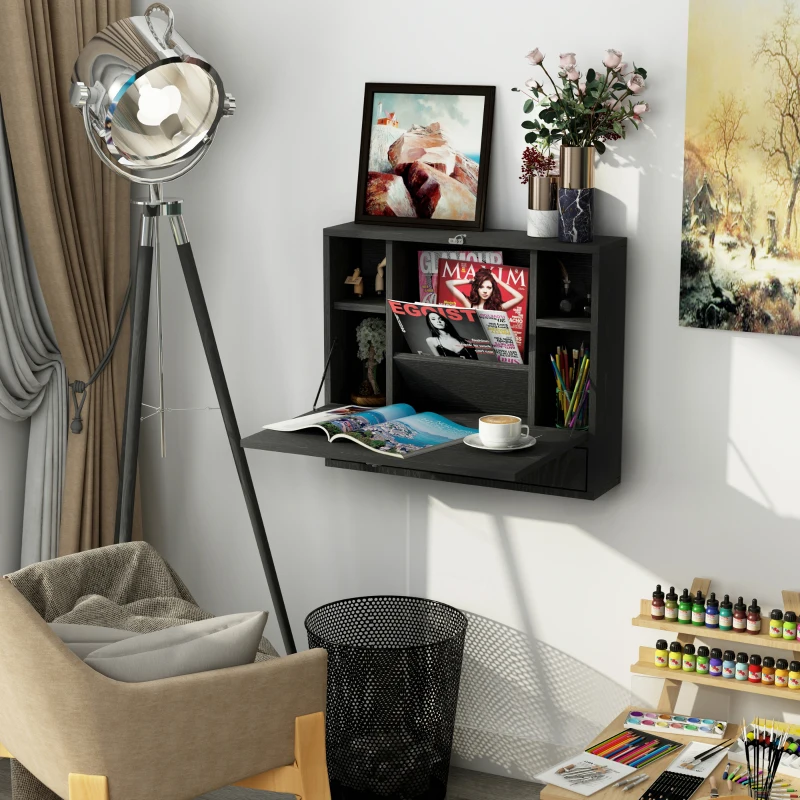 HOMCOM Wall Mounted Desk with Storage Shelves, Floating Desk with Foldable Tabletop, Space Saving Computer Writing Table for Home Office, 23.5 x 6 x 19.75 Inch, Black