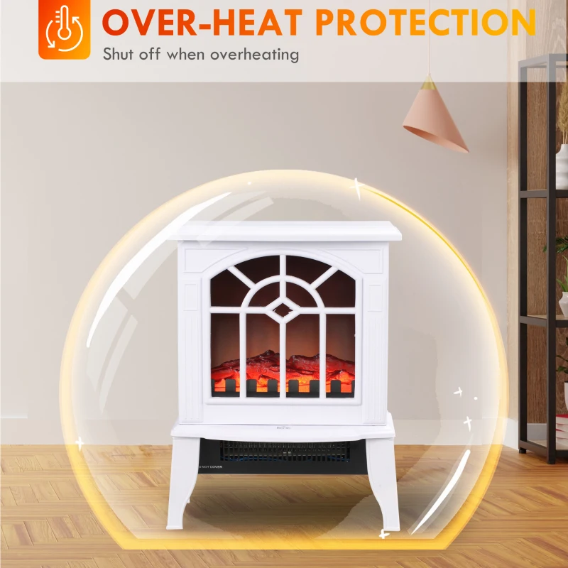 HOMCOM Electric Fireplace Heater, Freestanding Fireplace Stove with Realistic Flame and Overheat Protection, 750W/1500W, White