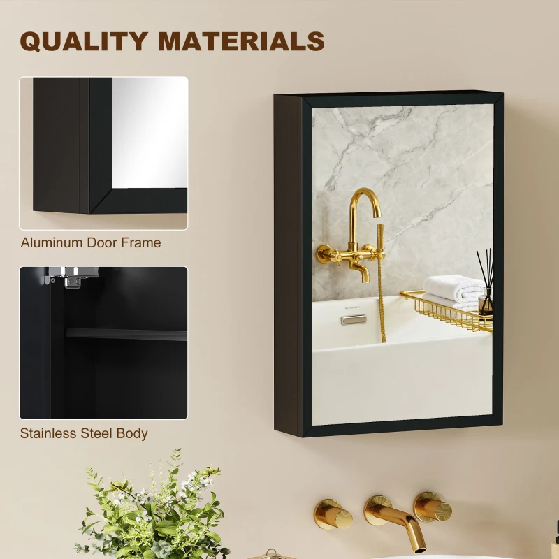 kleankin Wall Mounted Bathroom Medicine Cabinet with Hinged Door Storage Shelves for Living Room and Laundry Room Black