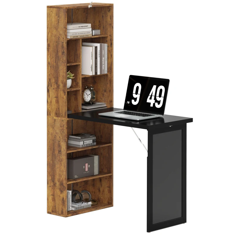 HOMCOM Fold-out Convertible Home Office Desk, Computer Desk with Blackboard and Side Shelf, Rustic Brown