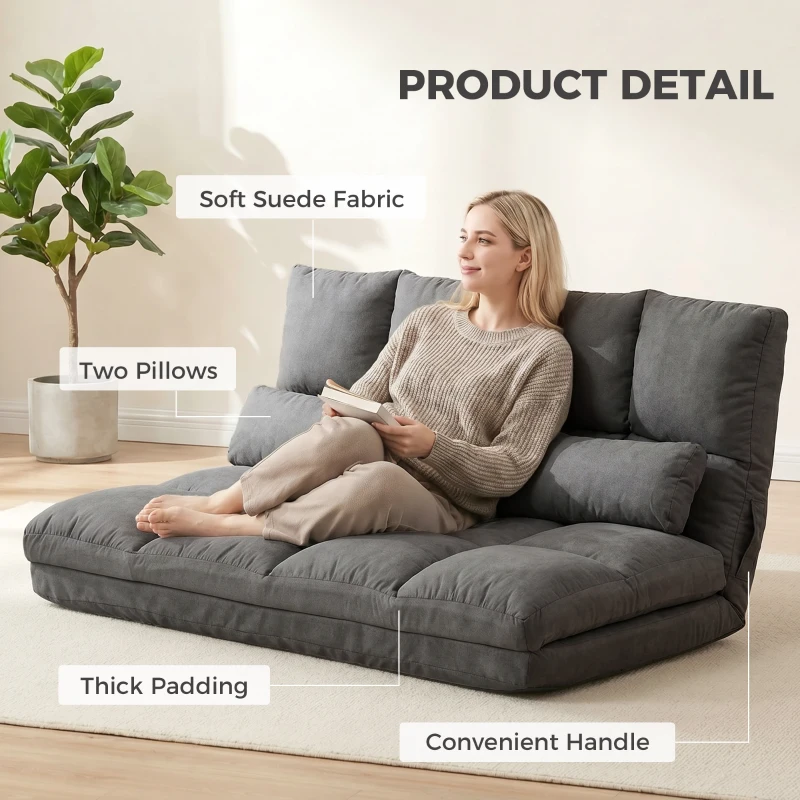 HOMCOM Convertible Recliner Sofa, Folding Floor Sofa Chair with Adjustable Backrest and Headrest, Dark Gray