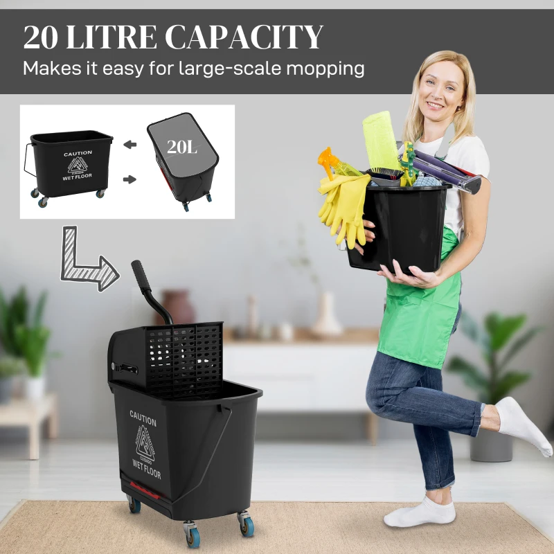 HOMCOM Compact Mop Bucket with Wringer, Mop Bucket on Wheels, 5 Gallon, Separate Dirty and Clean Water, Black