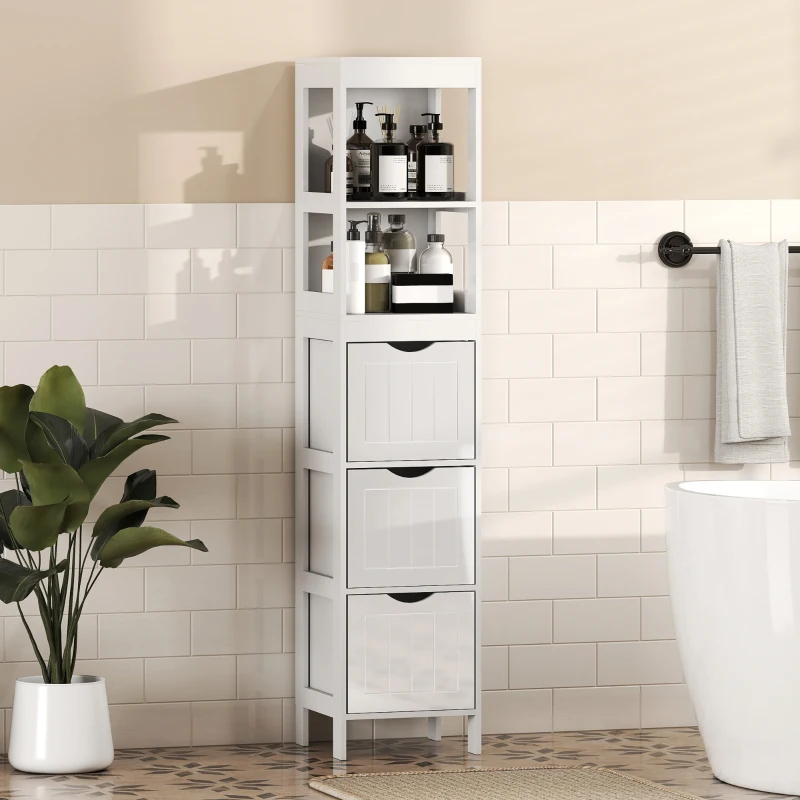 HOMCOM Narrow Bathroom Storage Cabinet, Bathroom Cabinet with 3 Drawers & 2 Open Shelves, Slim Bathroom Floor Cabinet, White