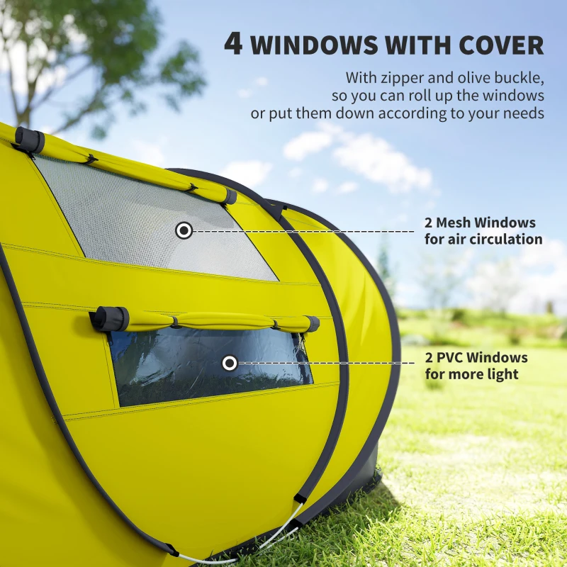 Outsunny 4 Person Camping Tent, Easy Pop Up Tent with Doors, Windows and Carry Bag, Automatic Setup Tent for Hiking, Yellow