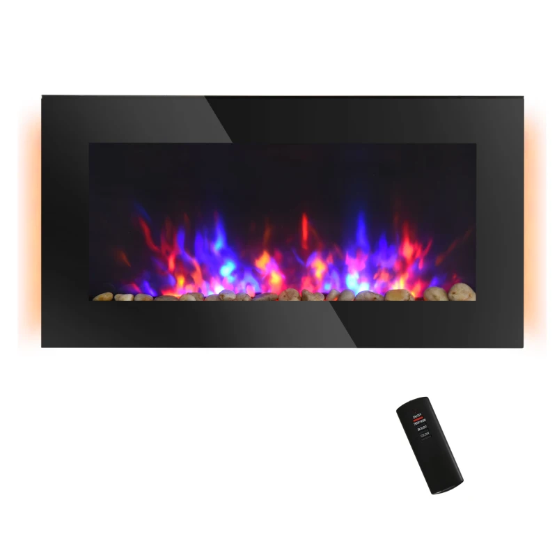 HOMCOM 36" Wall-Mounted Electric Fireplace, 750/1500W Fireplace Heater with Flame Effect, 7 Color Background Light and Side Light, Black