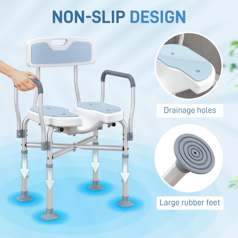 HOMCOM Bath Seat with Adjustable Height, Anti-slip, HDPE Padded Shower Chair with Arms and Back, Light Blue