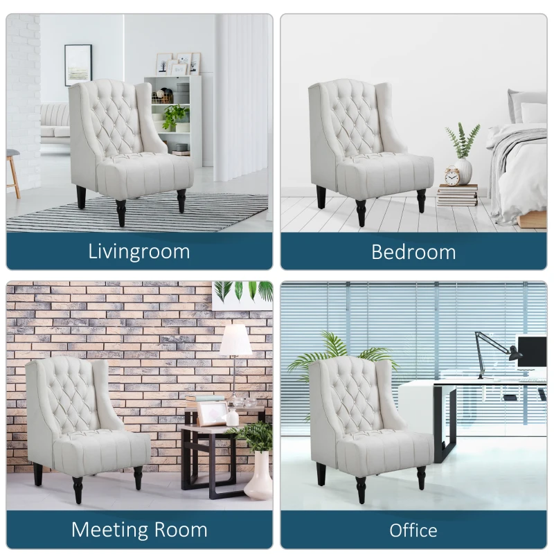 HOMCOM Linen Fabric Button Tufted Wingback Accent Chair with Thick Padded Cushioned Seats and Wooden Legs for Living Room and Bedroom, Beige