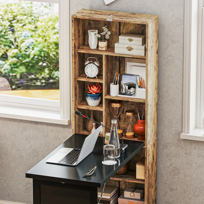 HOMCOM Fold-out Convertible Home Office Desk, Computer Desk with Blackboard and Side Shelf, Rustic Brown