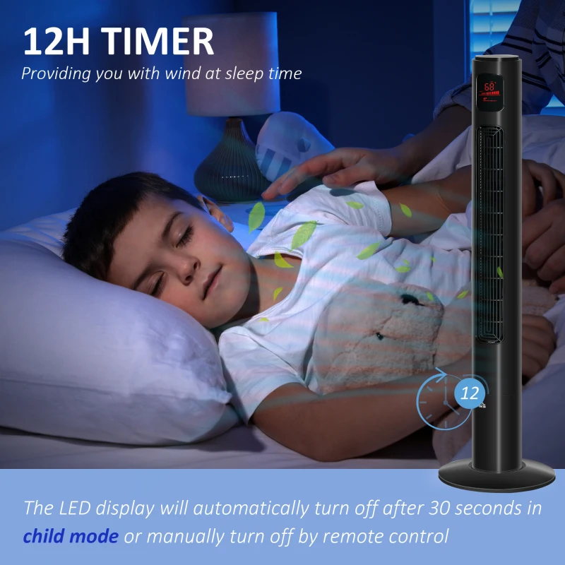 HOMCOM Freestanding Tower Fan Cooling for Home Bedroom with Oscillating, 3 Speed, 12h Timer, LED Sensor Panel, Remote Controller, Black