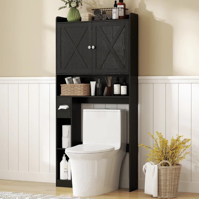 HOMCOM Farmhouse Over the Toilet Cabinet with Barn Doors, Over the Toilet Storage Cabinet with Adjustable Shelf, Black