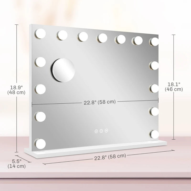 HOMCOM Hollywood Makeup Mirror with Lights, 3 Lighting Modes, USB Charging Port, Tabletop or Wall Mounted, White