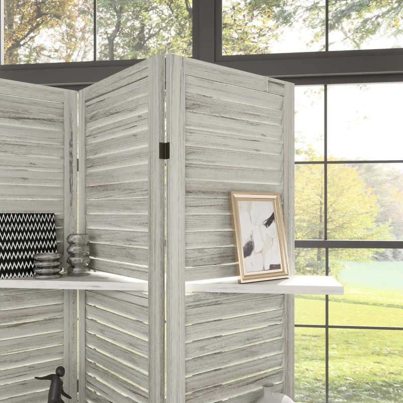 HOMCOM 5 Panel 67" Tall Wood Privacy Screen Room Divider with 3 Shelves and Folding Storage for Bedroom, Distressed White
