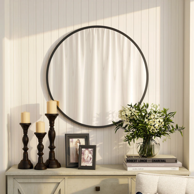 HOMCOM 30" Round Mirror, Bathroom Wall Mirror with Metal Frame, Decorative Vanity Mirror for Living Room, Bedroom, Black