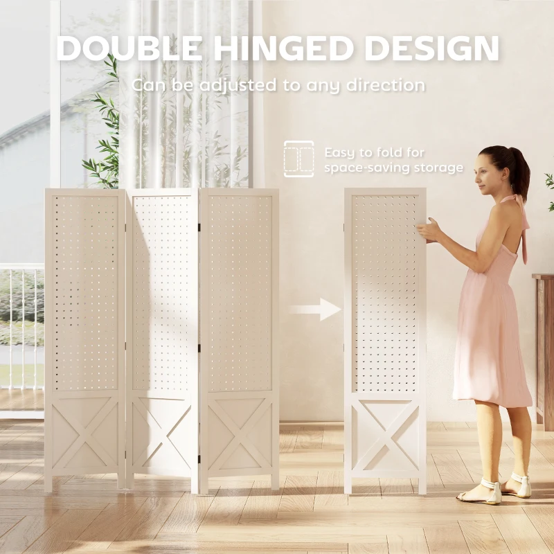 HOMCOM 56.9" 3 Panel Wooden Room Divider with Pegboard Display, Folding Privacy Screen for Home Office, White