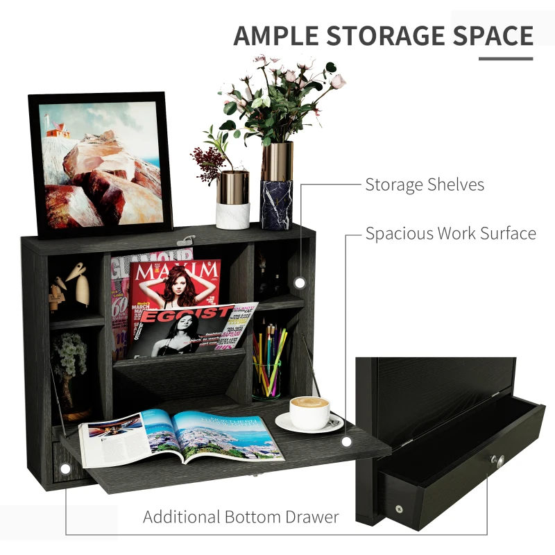 HOMCOM Wall Mounted Desk with Storage Shelves, Floating Desk with Foldable Tabletop, Space Saving Computer Writing Table for Home Office, 23.5 x 6 x 19.75 Inch, Black