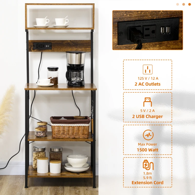 HOMCOM Kitchen Bakers Rack with Power Outlet, USB Charger, Microwave Stand, Coffee Bar with Adjustable Shelves, 5 Hooks for Spices, Pots and Pans, Rustic Brown