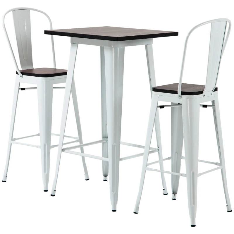 HOMCOM 3 Piece Industrial Dining Table Set, Bar Height Bar Table and Chairs Set with Footrests for Bistro, White and Brown