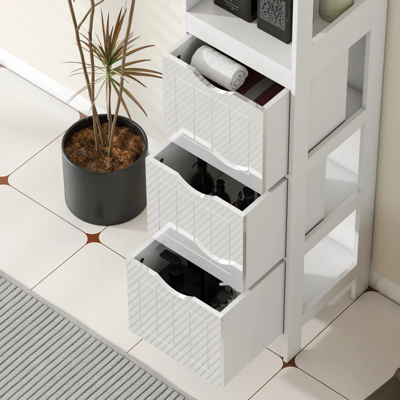 HOMCOM Narrow Bathroom Storage Cabinet, Bathroom Cabinet with 3 Drawers & 2 Open Shelves, Slim Bathroom Floor Cabinet, White
