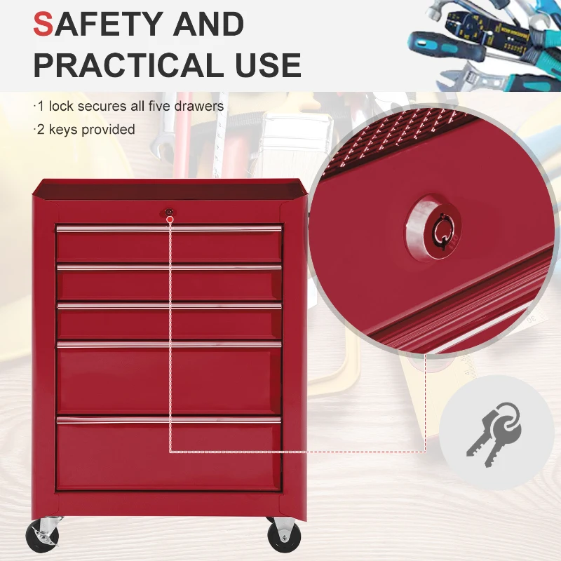 HOMCOM 5-Drawer Rolling Tool Cabinet on Wheels, Lockable Tool Chest, Tool Organizer for Garage, Factory and Workshop, Red