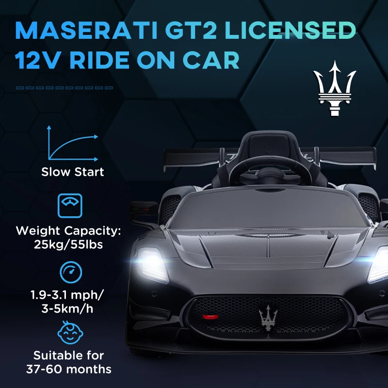 Qaba Maserati GT2 Licensed Ride On Car, 12V 3MPH Battery Powered Electric Car w/ Shock-Absorbers, Auxiliary Wheels, Black