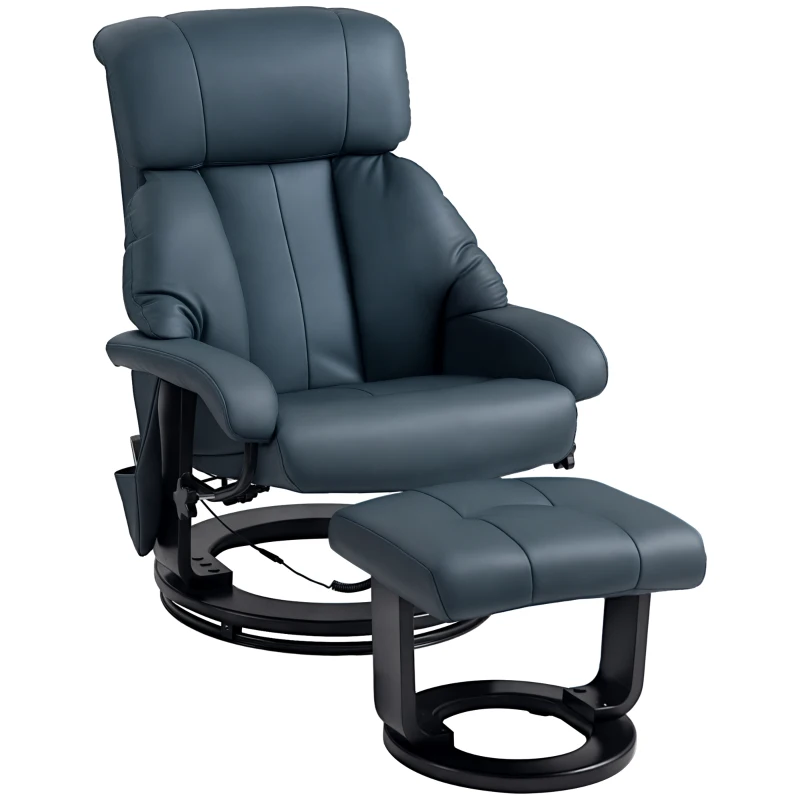 HOMCOM Swivel Recliner with Ottoman, Faux Leather Reclining Chair with Massage, Footstool Remote and Side Pocket, Blue