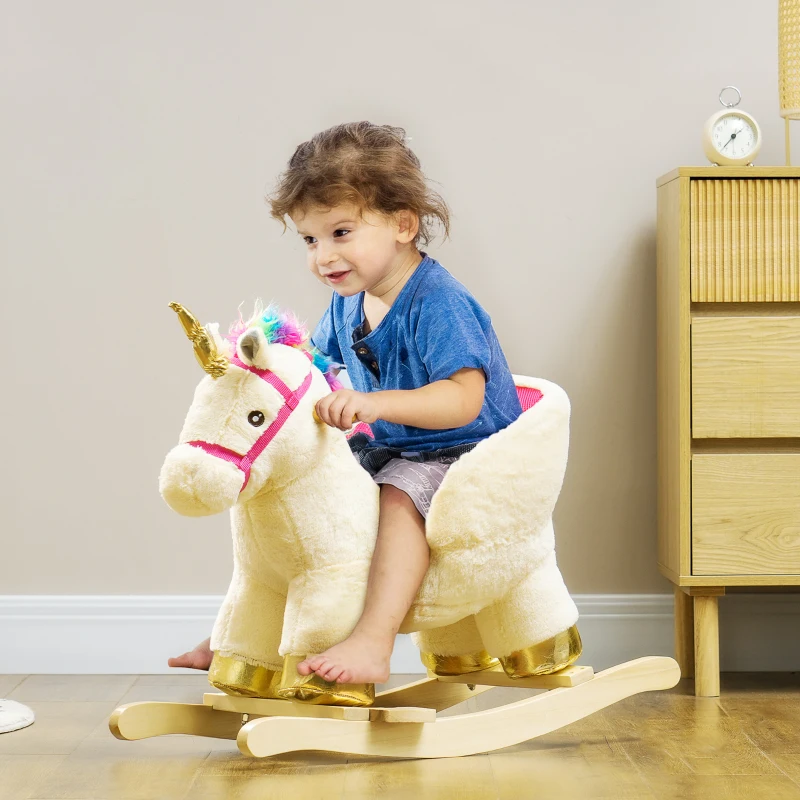 Qaba Kids Rocking Horse, Unicorn with Realistic Sound, Safety Belt & Wooden Base for 18-36 Months