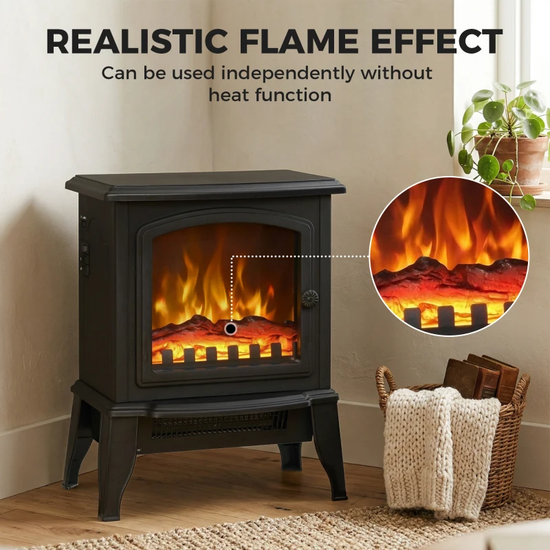 HOMCOM Electric Fireplace Heater, Freestanding Fireplace Stove with Realistic Flame Effect, Overheat Safety Protection, 750W/1500W, Black