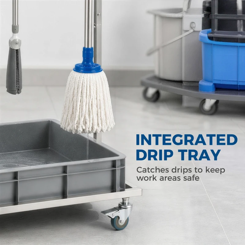 HOMCOM Cleaning Rolling Janitor Cart with Locking Wheels Cleaning Cart with Integrated Drip Tray 4 Casters