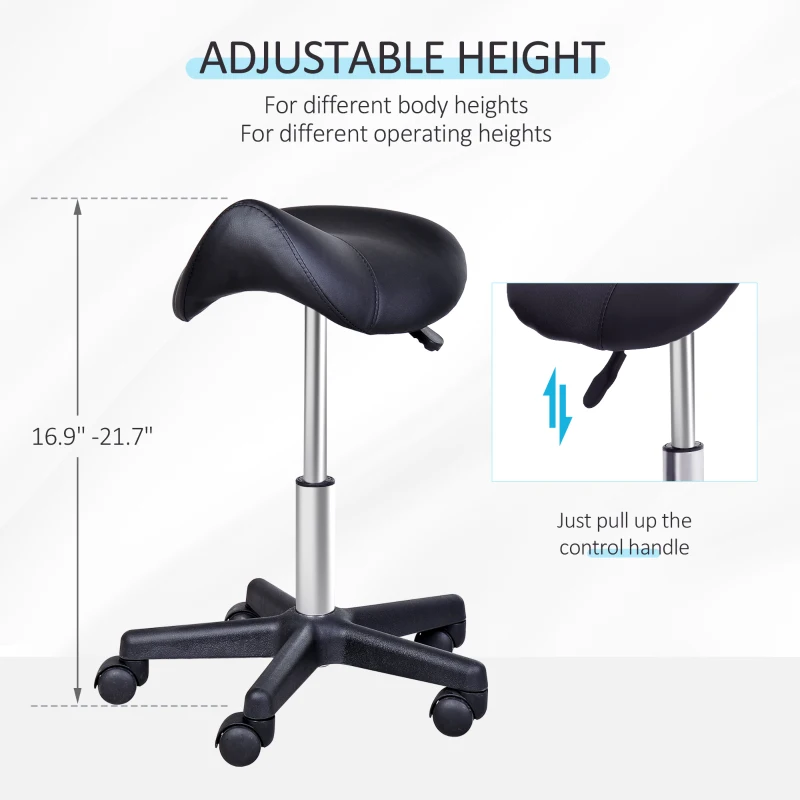 HOMCOM Rolling Saddle Stool, Swivel Salon Chair, Ergonomic Faux Leather Stool, Adjustable Height with Wheels for Spa, Salon, Massage, Office, Black