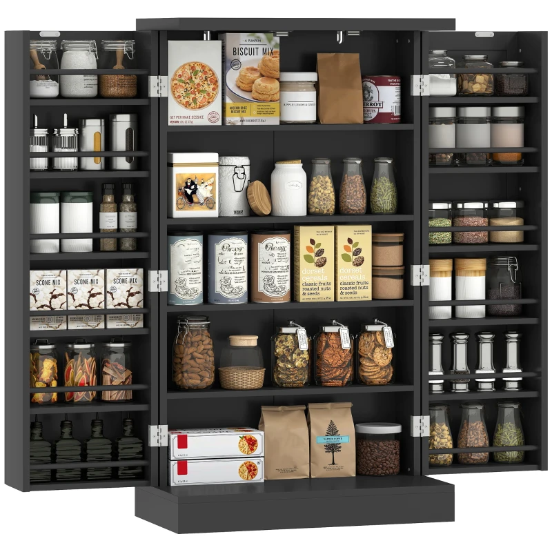 HOMCOM Freestanding Kitchen Pantry Storage Cabinet Kitchen Cabinet with 5-Tier Shelf 12 Spice Racks Adjustable Shelves Black