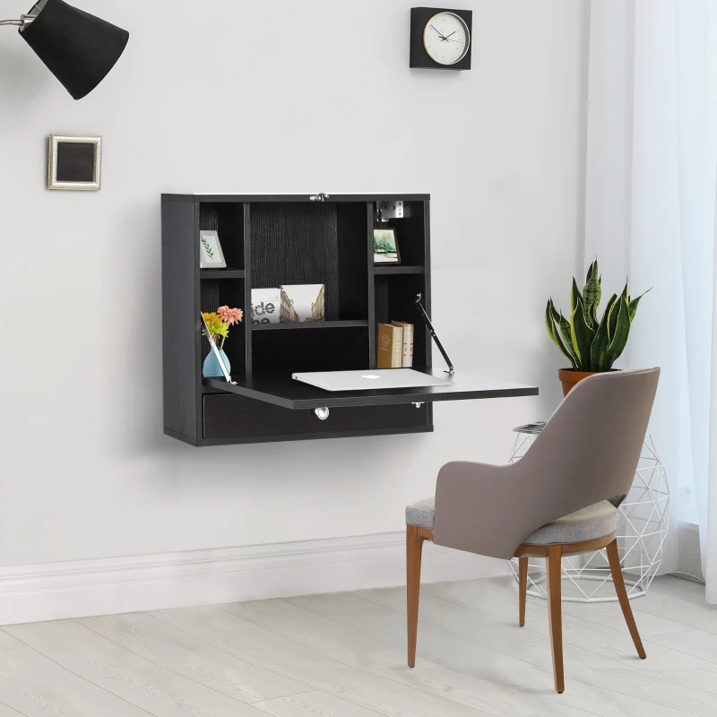 HOMCOM Wall Mounted Desk with Storage Shelves, Floating Desk with Foldable Tabletop, Space Saving Computer Writing Table for Home Office, 23.5 x 6 x 19.75 Inch, Black