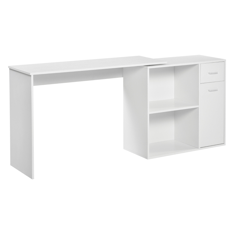 HOMCOM L Shaped Computer Desk, 180° Rotating Corner Desk with Storage Shelves, Drawer and Cabinet, Study Workstation, White