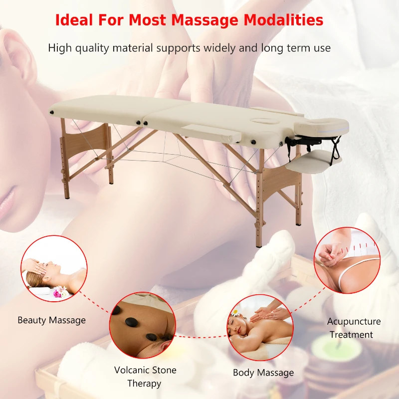HOMCOM Height Adjustable Professional Salon Spa Facial Couch Bed, Portable Folding Massage Table, Beige