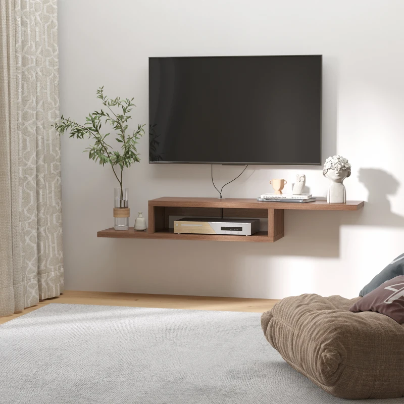 HOMCOM Wall Mounted Media Console, Floating Stand Component Shelf, Entertainment Center Unit, Walnut